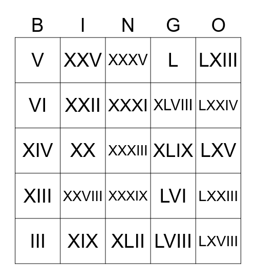 Roman Numeral Bingo Card