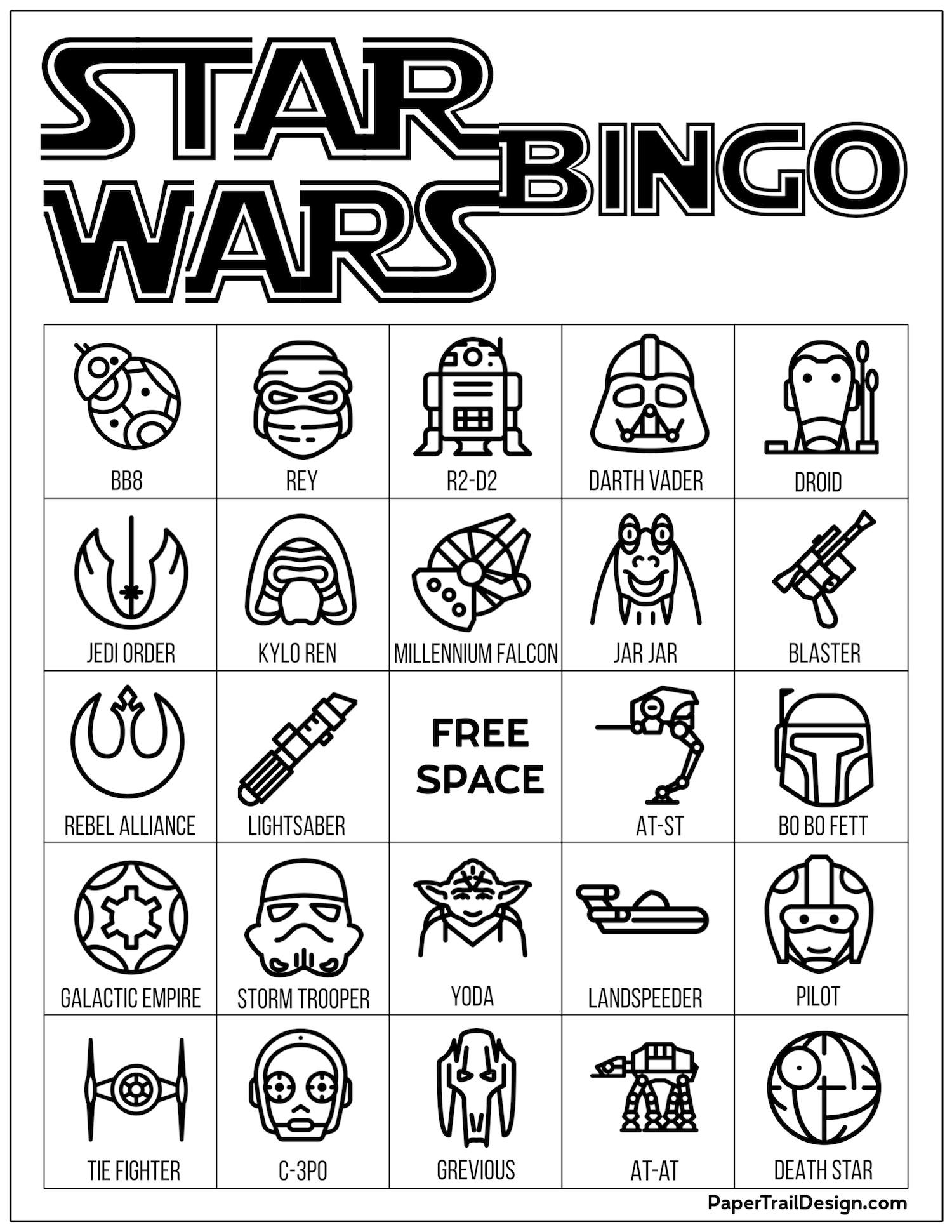 Star Wars Bingo Free Printable Party Game Paper Trail Design