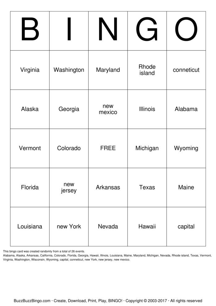 STATES Bingo Cards To Download Print And Customize