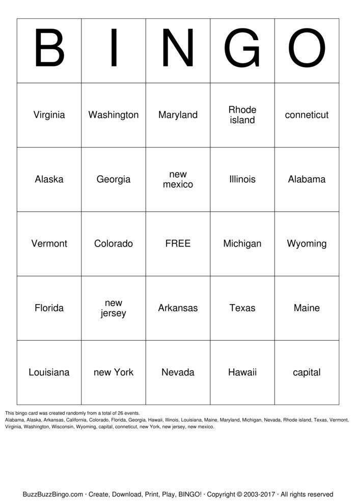 STATES Bingo Cards To Download Print And Customize 