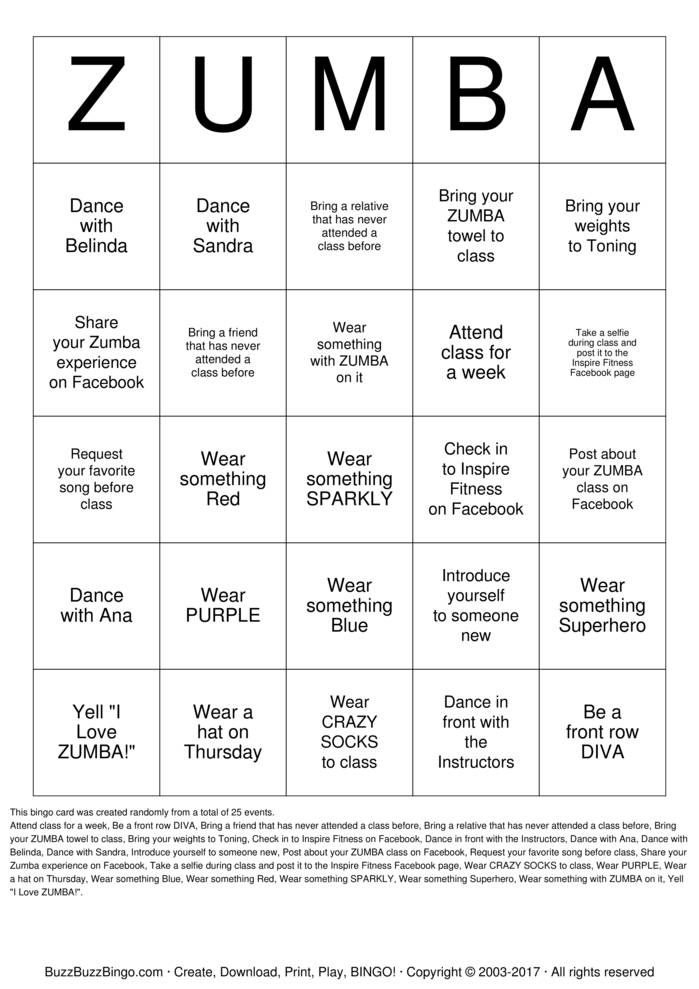 Zumba At Inspire Fitness Bingo Cards To Download Print And Customize 